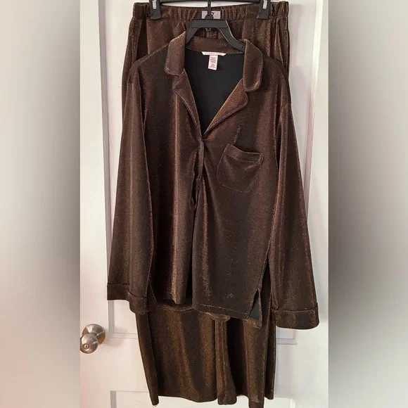 Victoria’s Secret Metallic Shimmer Knit Lounge Set Brown Logo Waist Pajama Set M